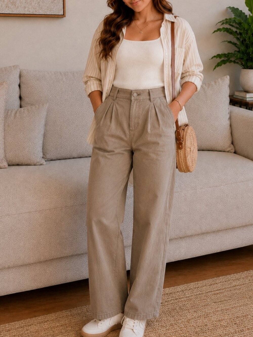 BCBGeneration High Rise Barrel Leg Pants Light Brown Khaki Tapered Casual Pant M